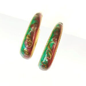 Vintage 80s 90s Gold-Tone Red & Green Enamel Hoop Earrings 1.5" Diameter